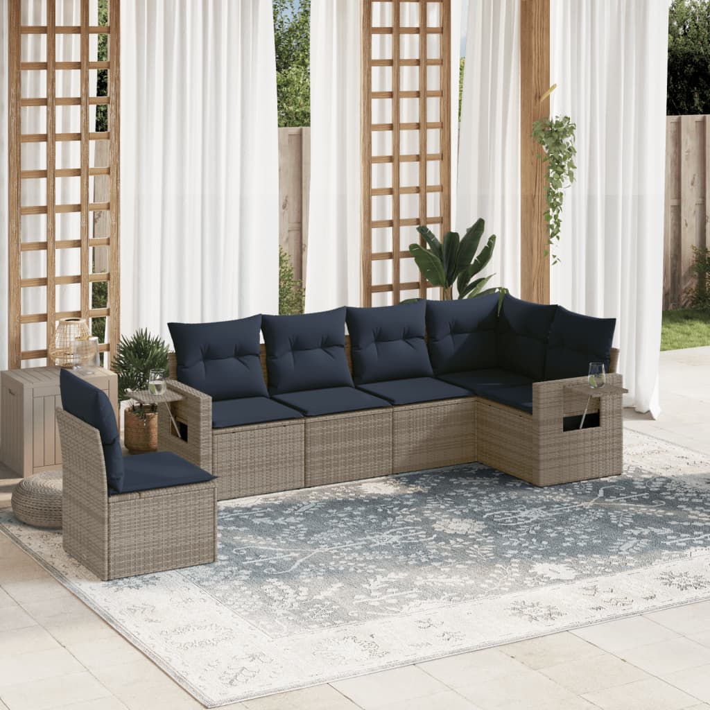 6-teiliges Gartensofa-Set mit Kissen, grau, Polyrattan