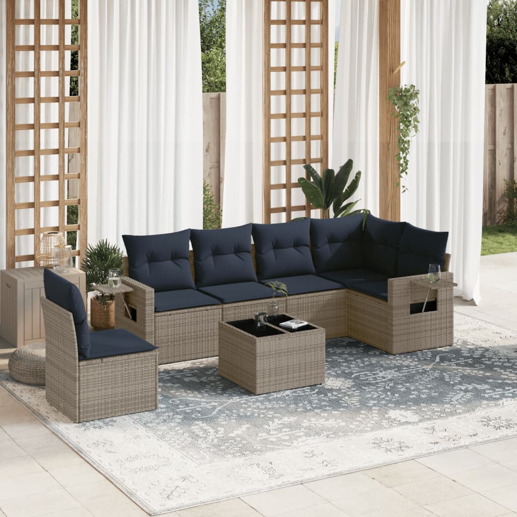7-teiliges Gartensofa-Set mit Kissen, grau, Polyrattan
