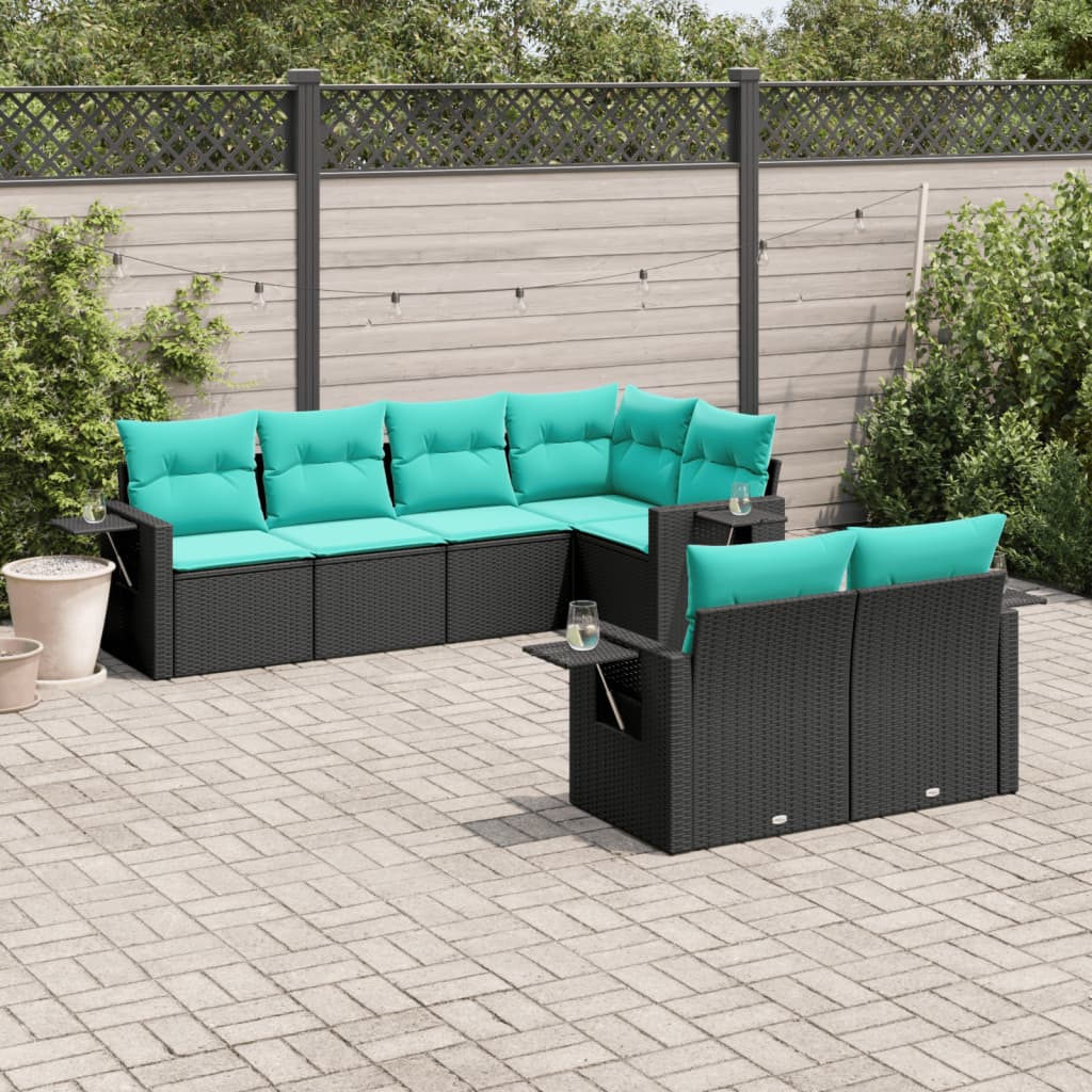 7-teiliges Gartensofa-Set mit Kissen, schwarzes Polyrattan