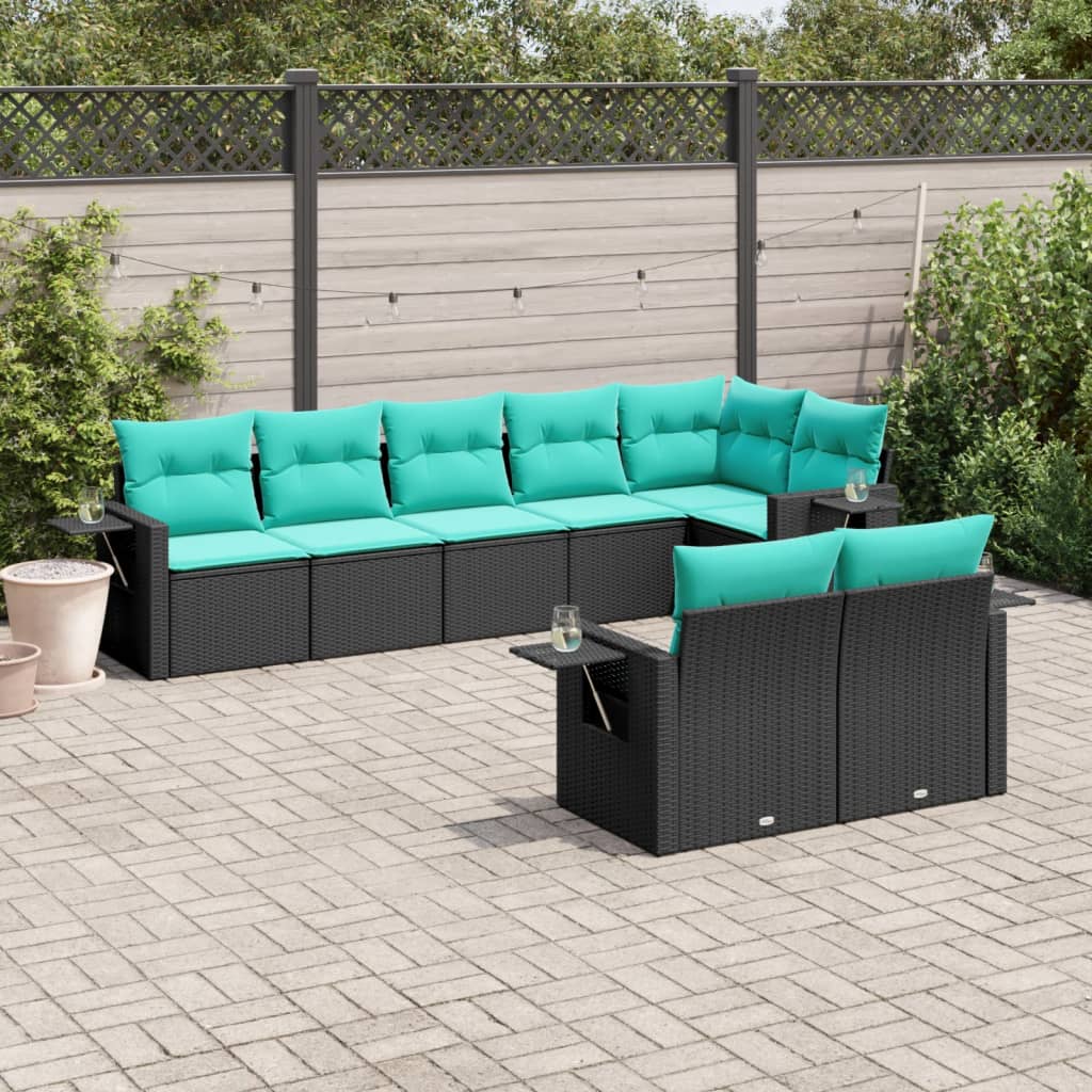 8-teiliges Gartensofa-Set mit Kissen, schwarzes Polyrattan