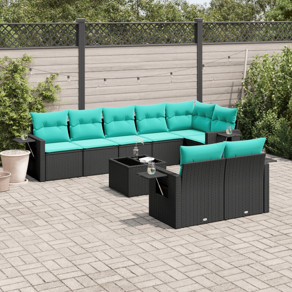 9-teiliges Gartensofa-Set mit Kissen, schwarzes Polyrattan
