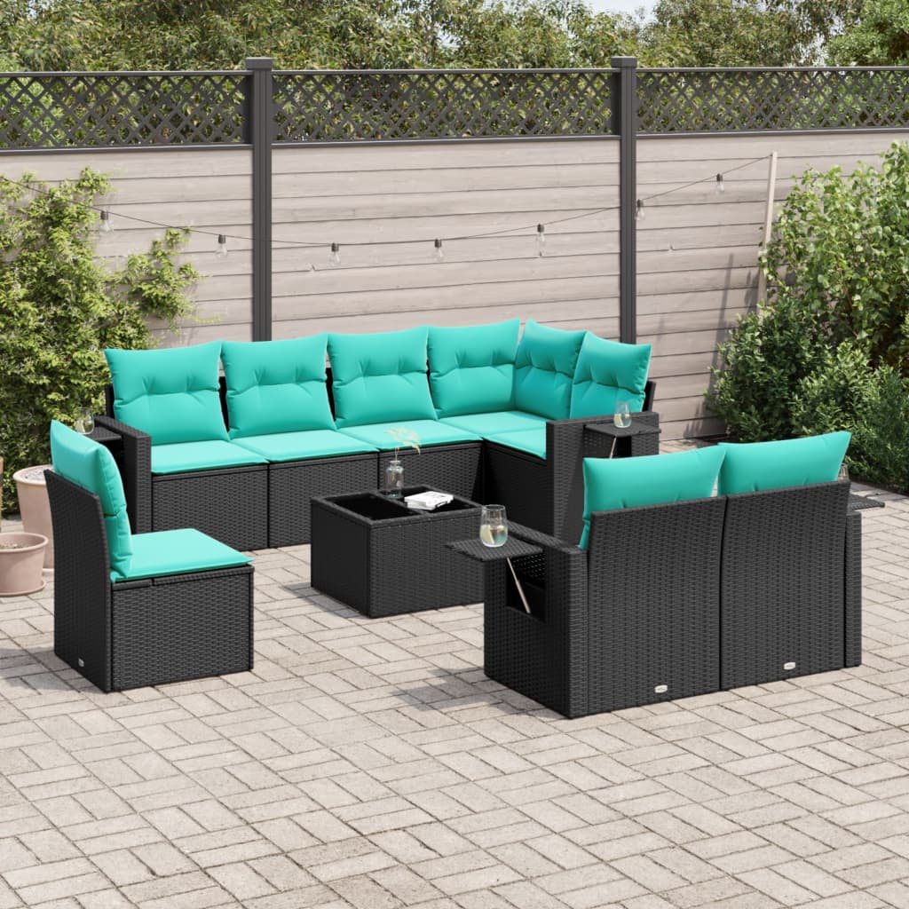9-teiliges Gartensofa-Set mit Kissen, schwarzes Polyrattan