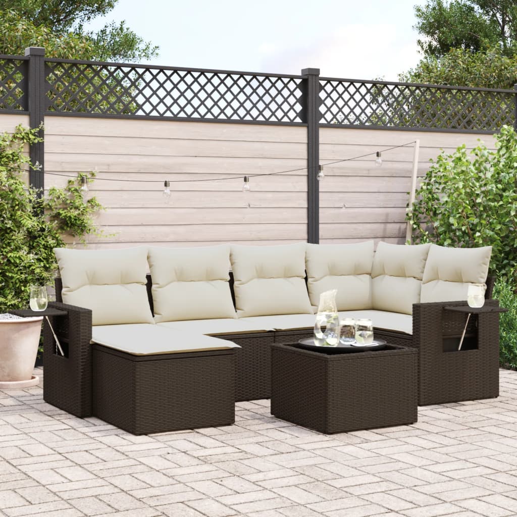 7-tlg. Garten-Sofagarnitur mit Kissen Braun Poly Rattan