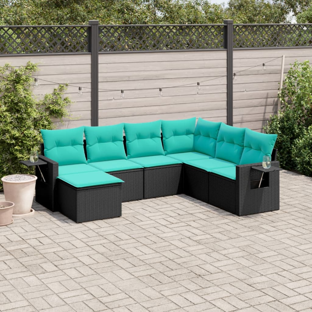 7-teiliges Gartensofa-Set mit Kissen, schwarzes Polyrattan