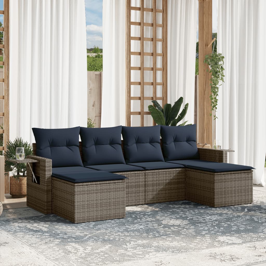6-teiliges Gartensofa-Set mit Kissen, grau, Polyrattan