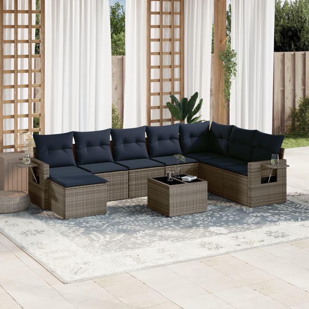 9-teiliges Gartensofa-Set mit Kissen, grau, Polyrattan
