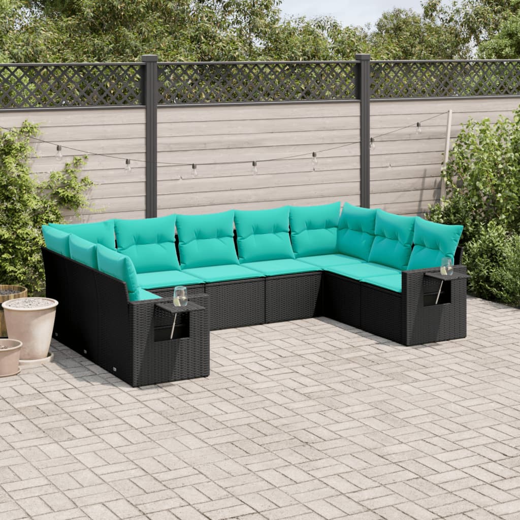 9-teiliges Gartensofa-Set mit Kissen, schwarzes Polyrattan