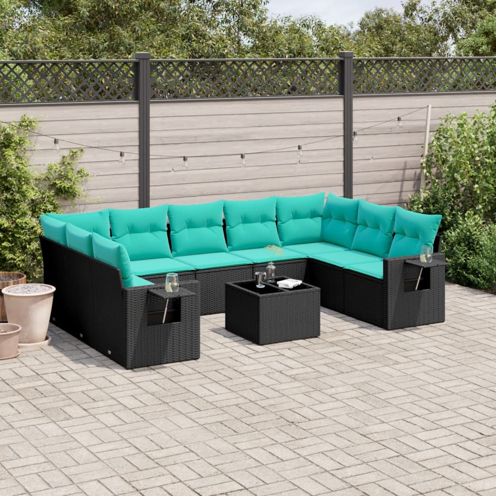10-teiliges Gartensofa-Set mit Kissen, schwarzes Polyrattan