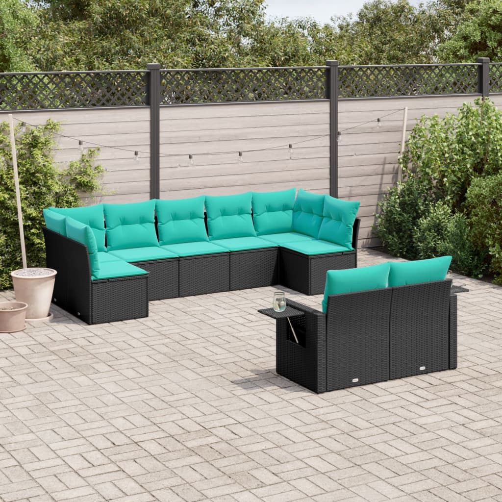 9-teiliges Gartensofa-Set mit Kissen, schwarzes Polyrattan