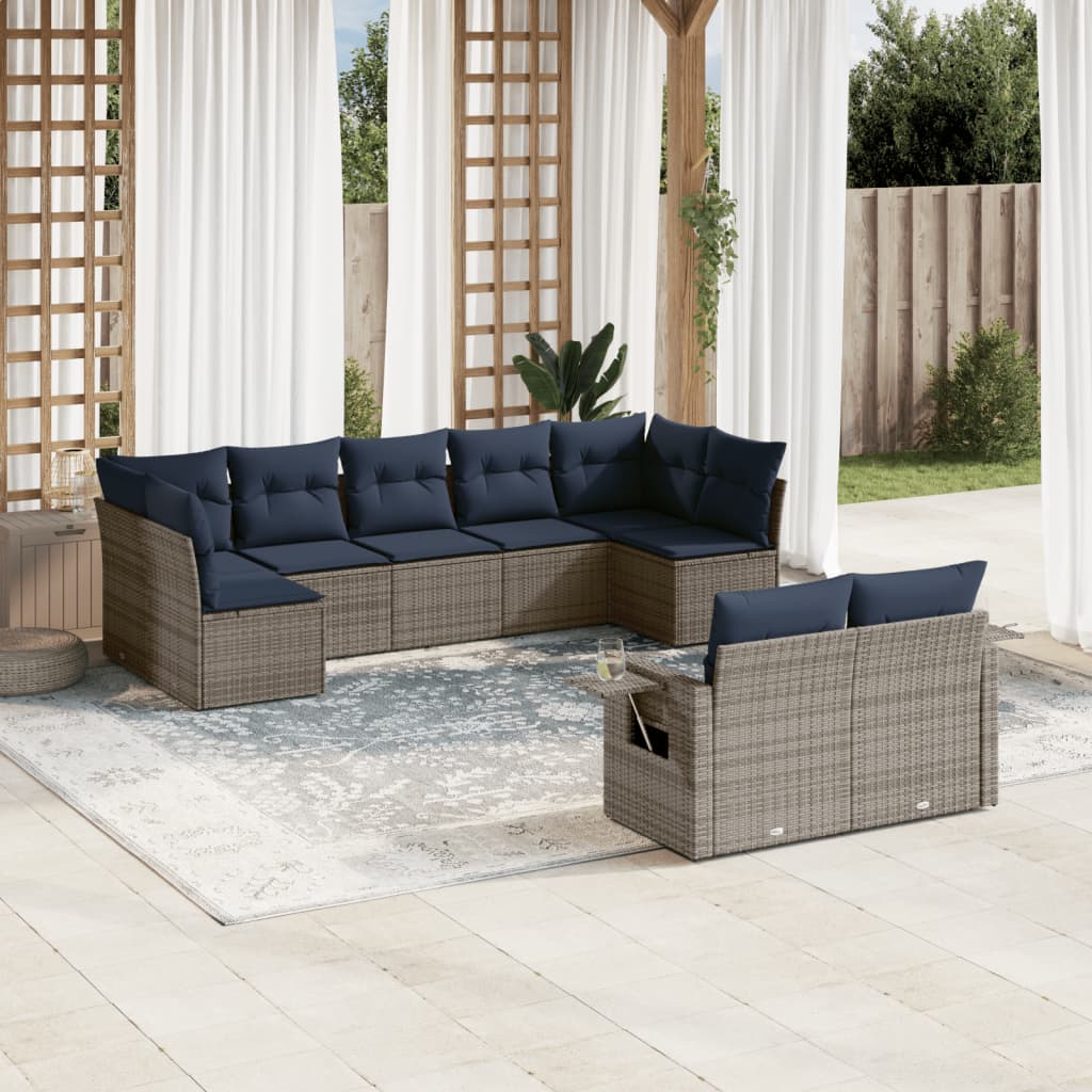 9-teiliges Gartensofa-Set mit Kissen, grau, Polyrattan