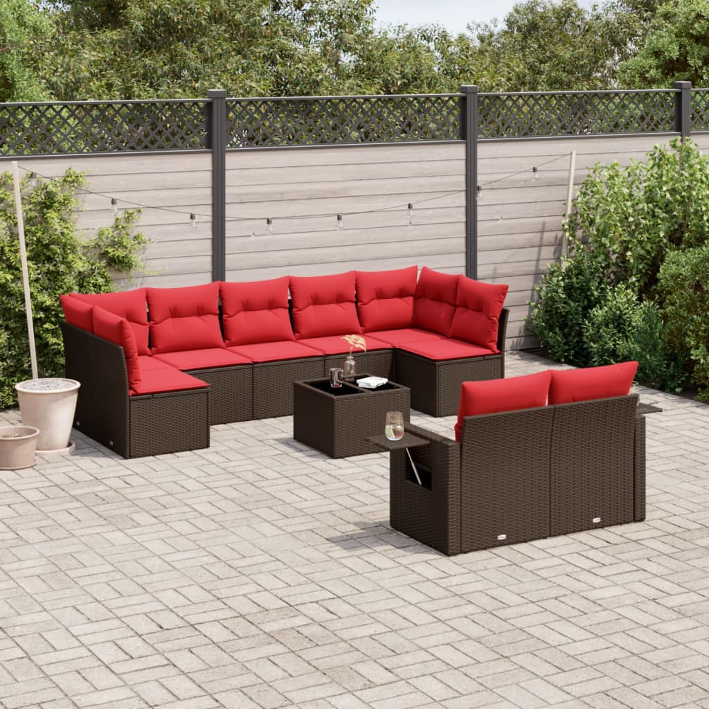 10-teiliges Gartensofa-Set mit Kissen, braun, Polyrattan