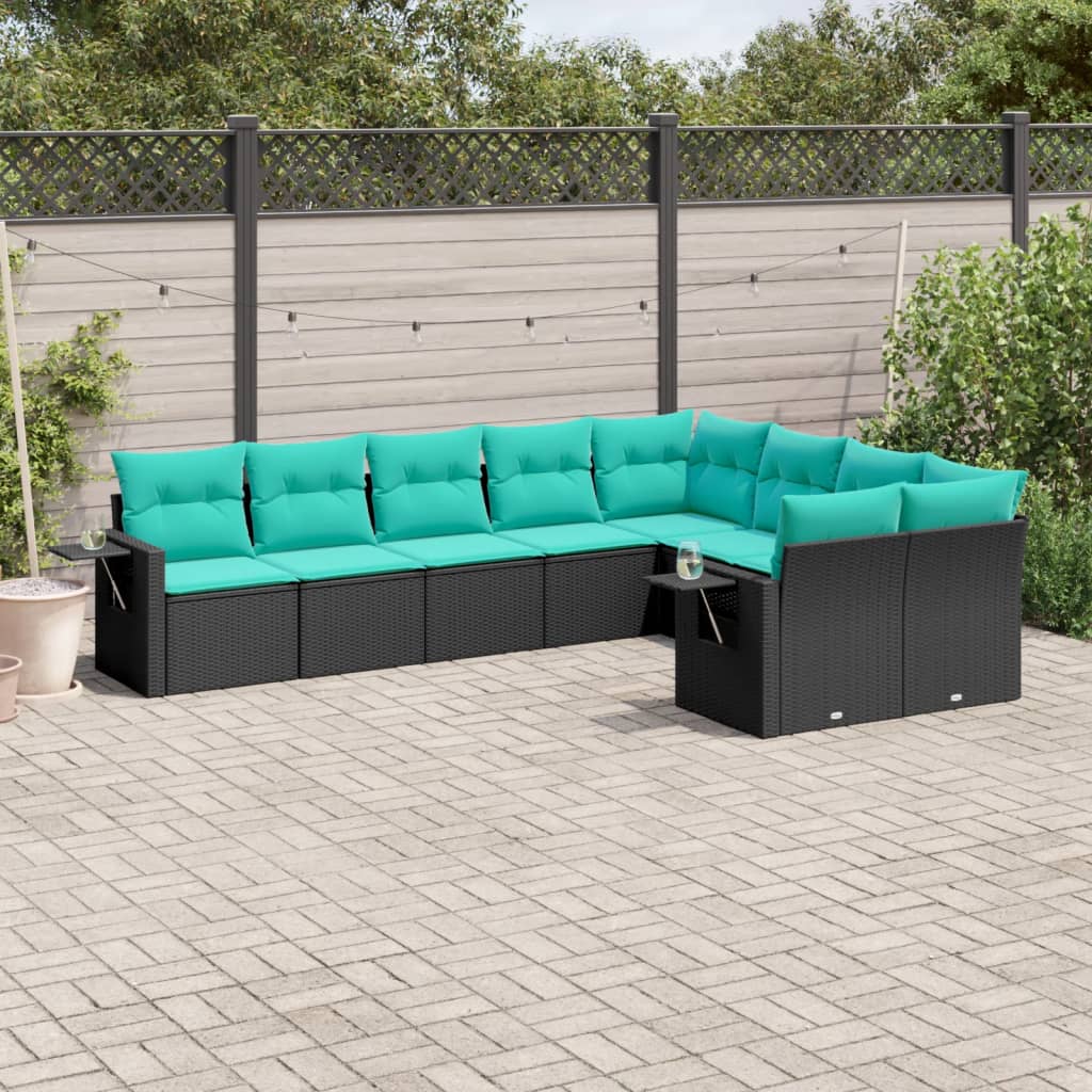 9-teiliges Gartensofa-Set mit Kissen, schwarzes Polyrattan