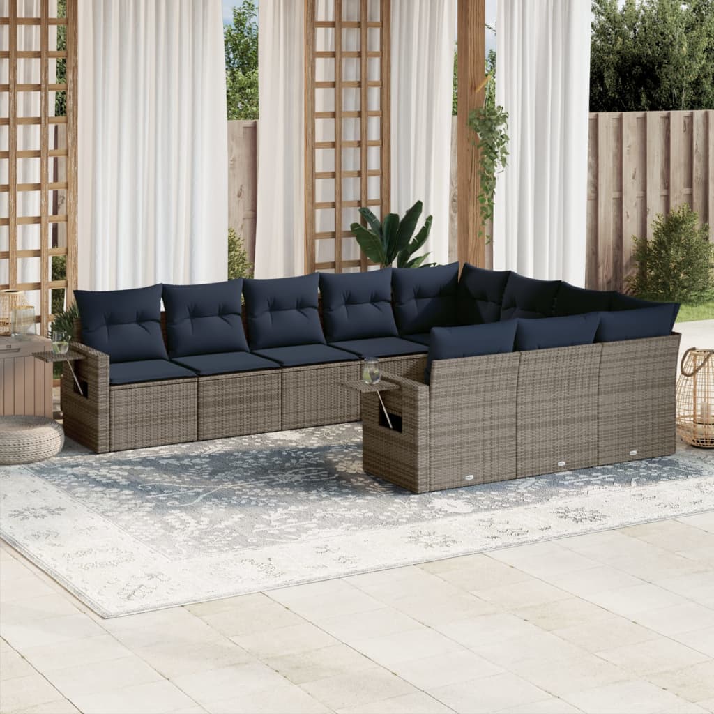 10-teiliges Gartensofa-Set mit Kissen, grau, Polyrattan