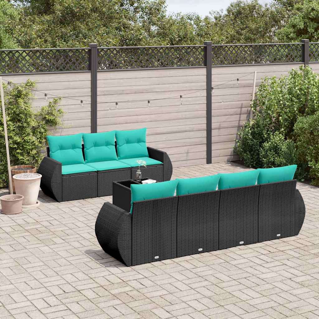 8-teiliges Gartensofa-Set mit Kissen, schwarzes Polyrattan