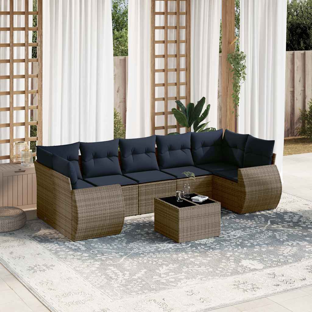 8-teiliges Gartensofa-Set mit Kissen, grau, Polyrattan