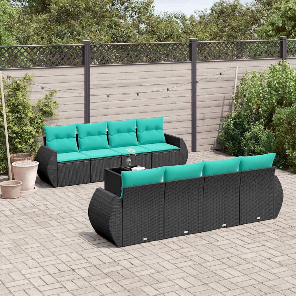 9-teiliges Gartensofa-Set mit Kissen, schwarzes Polyrattan
