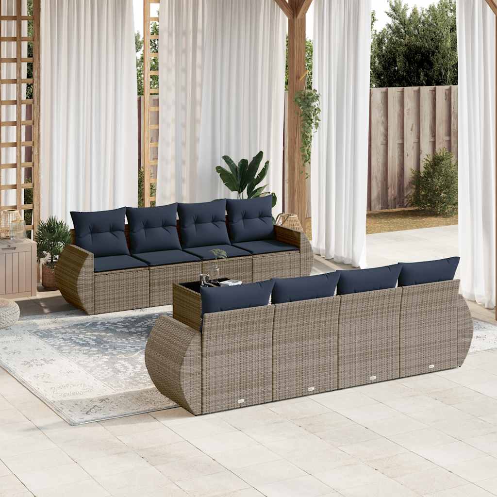 9-teiliges Gartensofa-Set mit Kissen, grau, Polyrattan