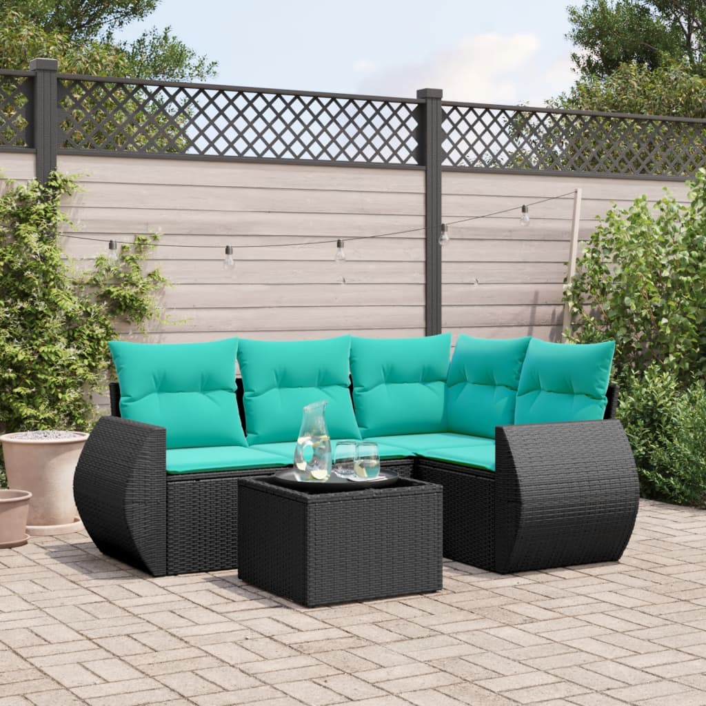 5-teiliges Gartensofa-Set mit Kissen, schwarzes Polyrattan