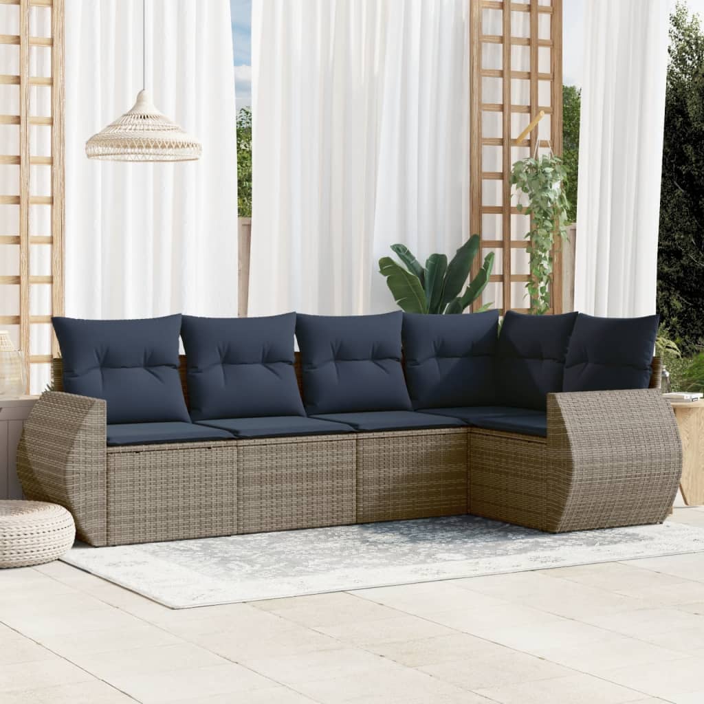 5-teiliges Gartensofa-Set mit Kissen, grau, Polyrattan