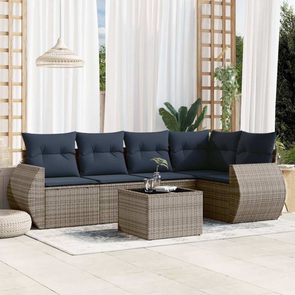 6-teiliges Gartensofa-Set mit Kissen, grau, Polyrattan