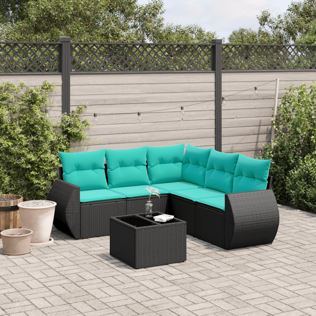 6-teiliges Gartensofa-Set mit Kissen, schwarzes Polyrattan