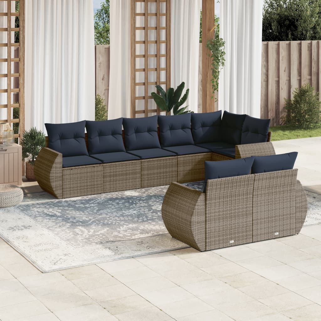 8-teiliges Gartensofa-Set mit Kissen, grau, Polyrattan