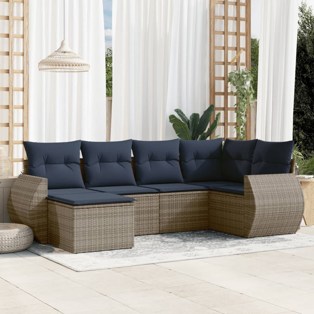 6-teiliges Gartensofa-Set mit Kissen, grau, Polyrattan