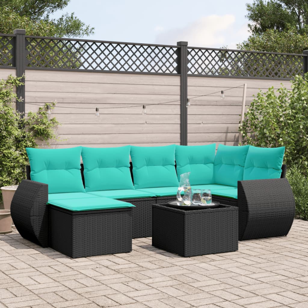 7-teiliges Gartensofa-Set mit Kissen, schwarzes Polyrattan