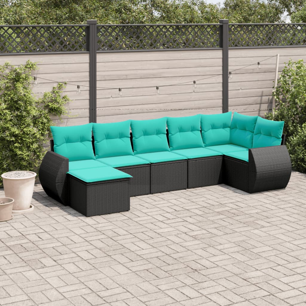 7-teiliges Gartensofa-Set mit Kissen, schwarzes Polyrattan