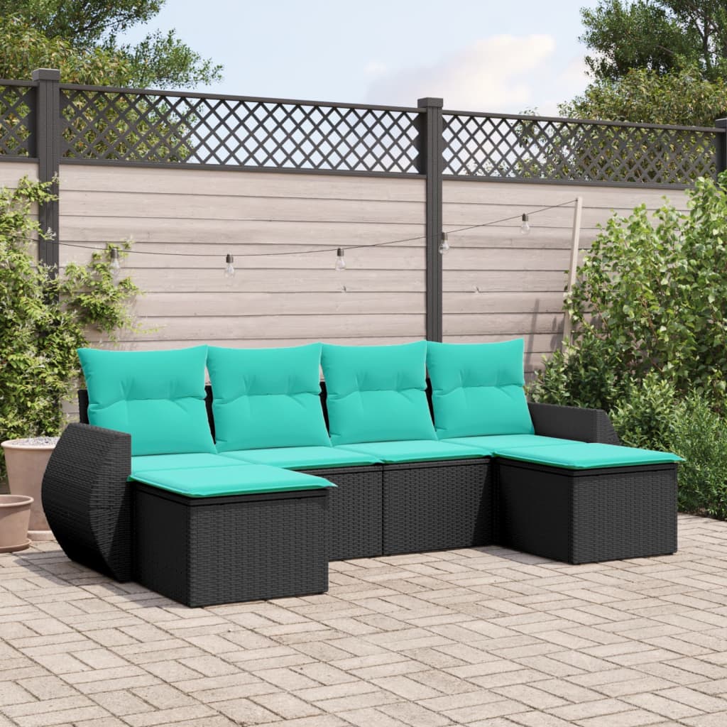 6-teiliges Gartensofa-Set mit Kissen, schwarzes Polyrattan