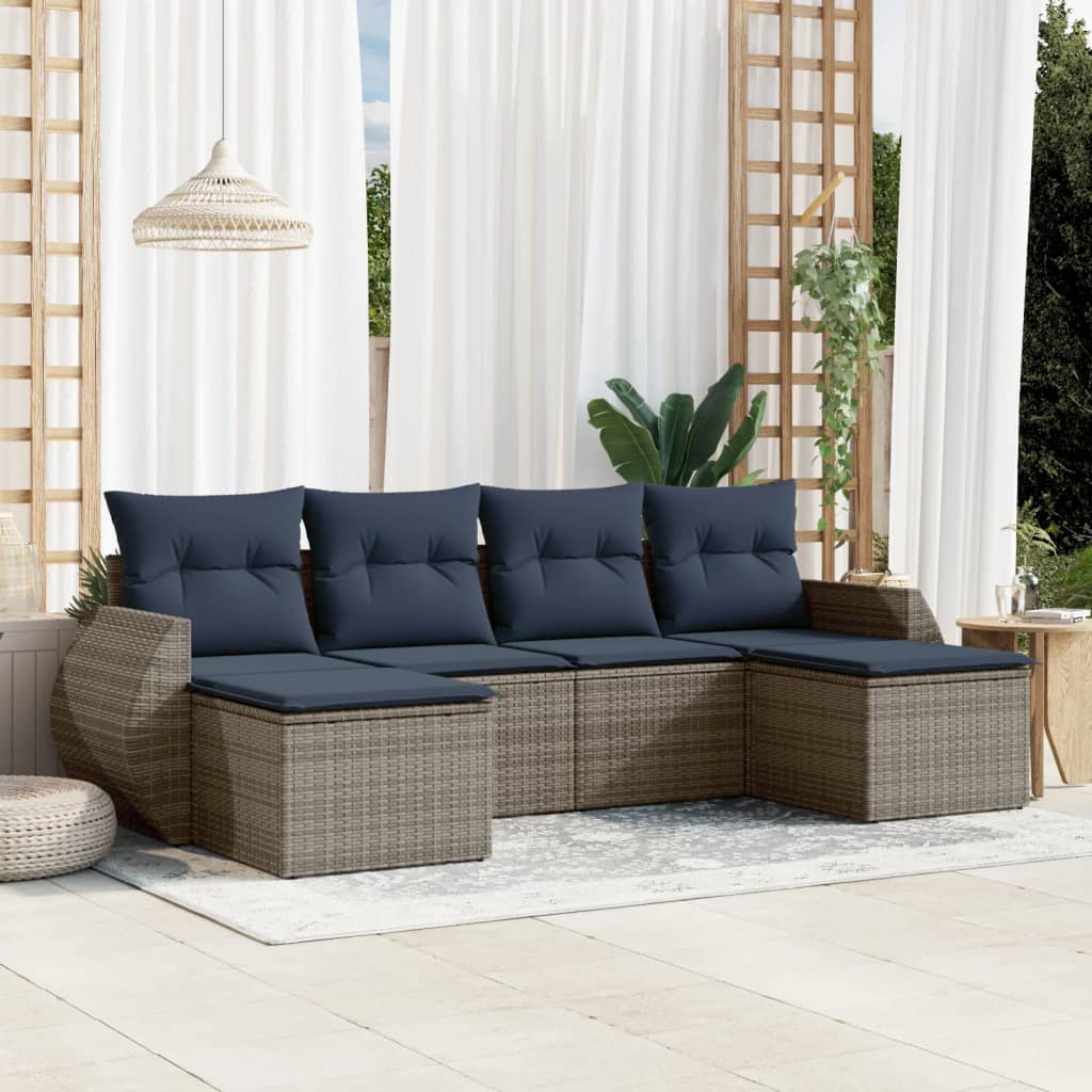 6-teiliges Gartensofa-Set mit Kissen, grau, Polyrattan