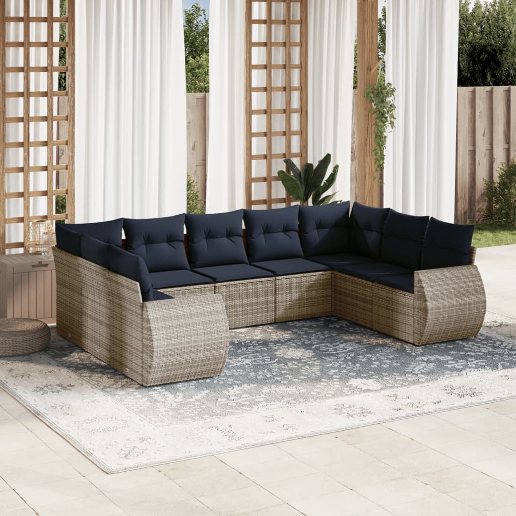 9-teiliges Gartensofa-Set mit Kissen, grau, Polyrattan