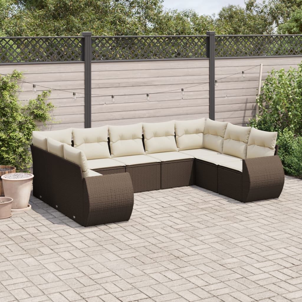 9-tlg. Garten-Sofagarnitur mit Kissen Braun Poly Rattan