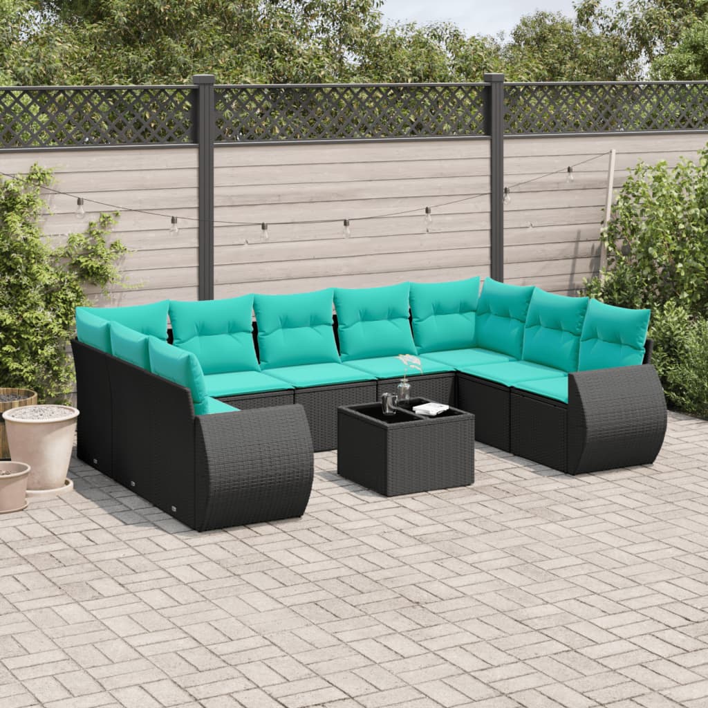 10-teiliges Gartensofa-Set mit Kissen, schwarzes Polyrattan