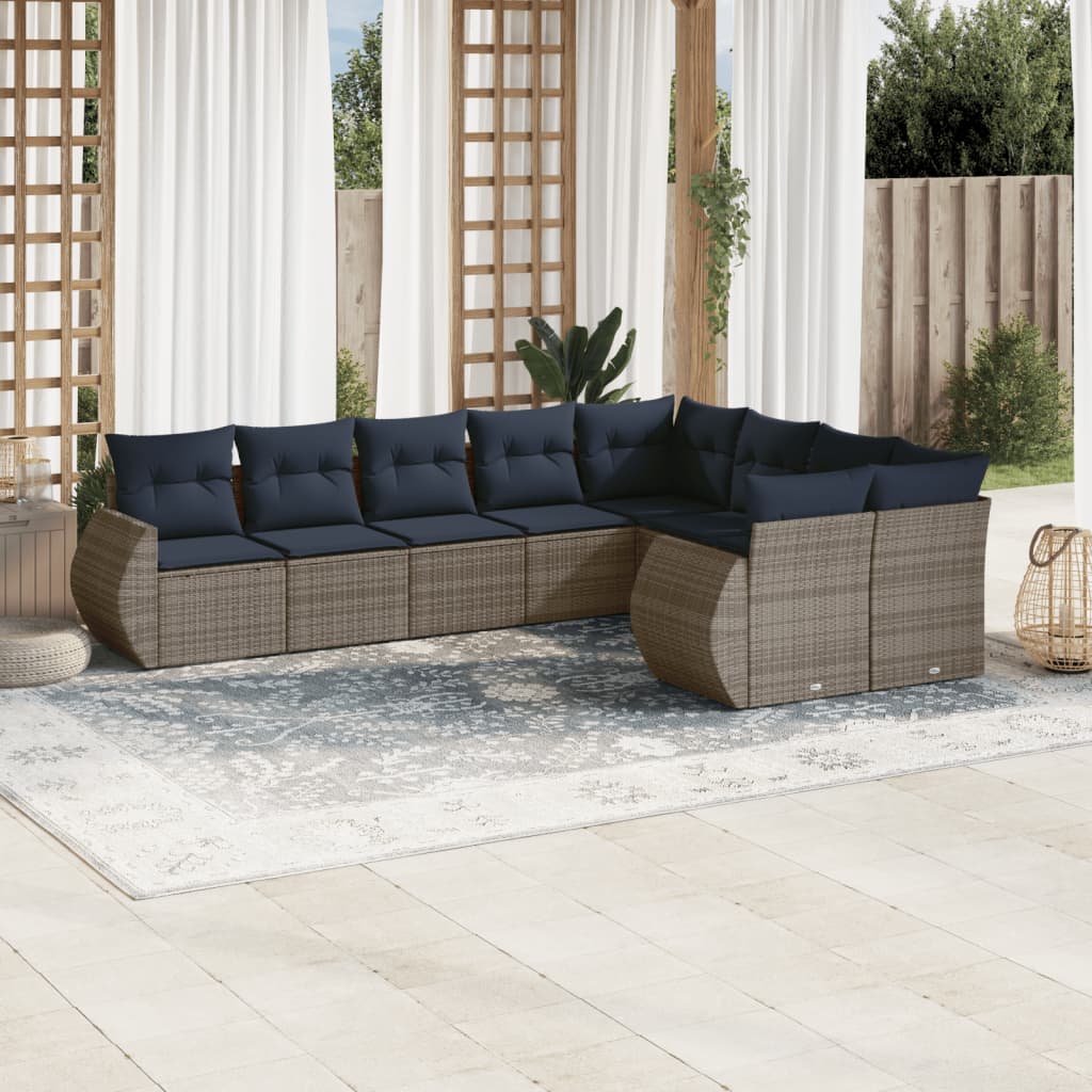 9-teiliges Gartensofa-Set mit Kissen, grau, Polyrattan
