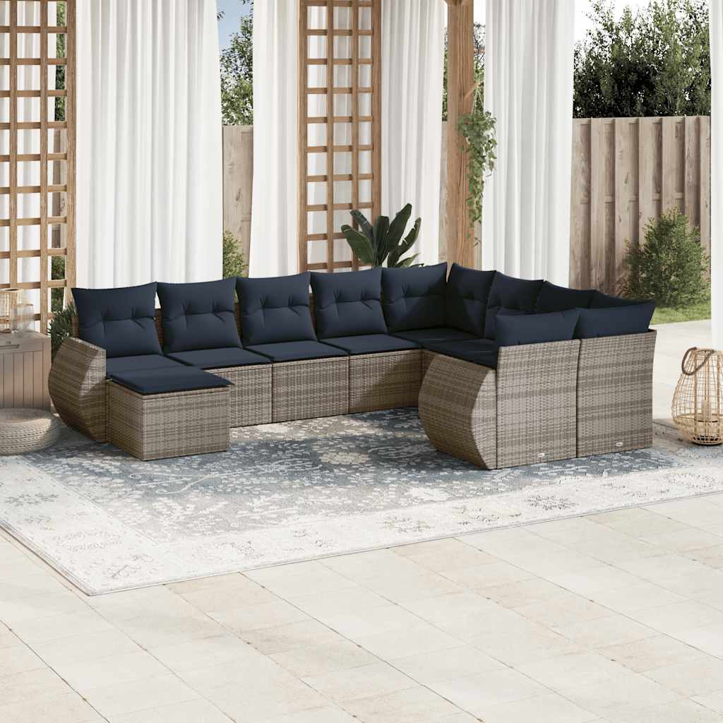 10-teiliges Gartensofa-Set mit Kissen, grau, Polyrattan