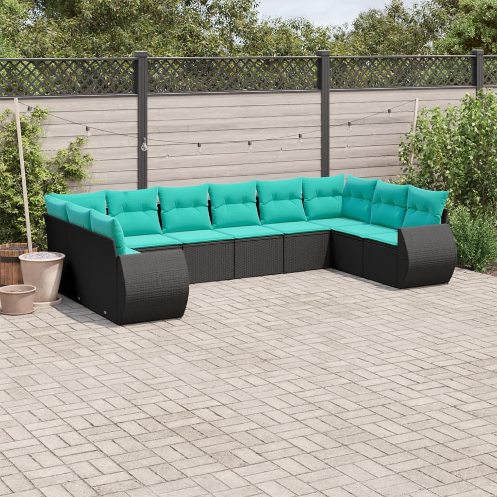 10-teiliges Gartensofa-Set mit Kissen, schwarzes Polyrattan