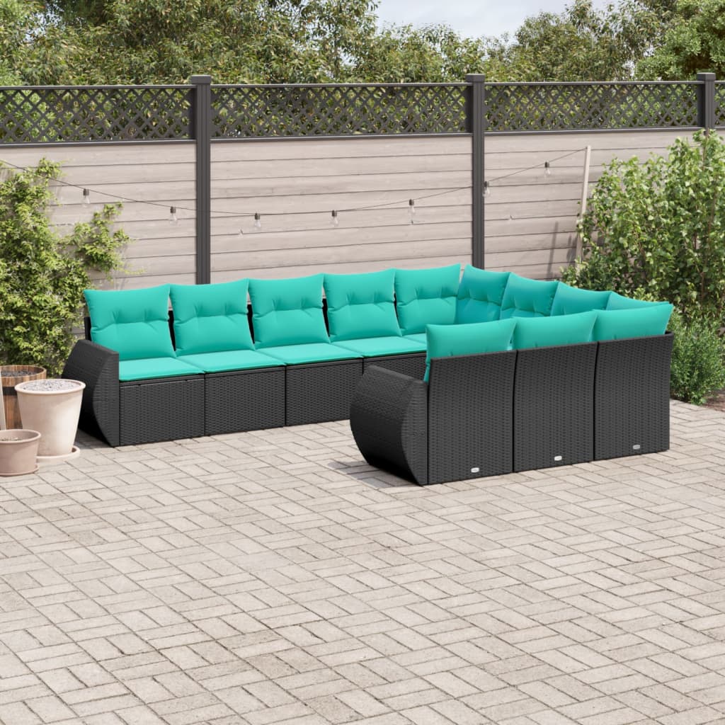 10-teiliges Gartensofa-Set mit Kissen, schwarzes Polyrattan