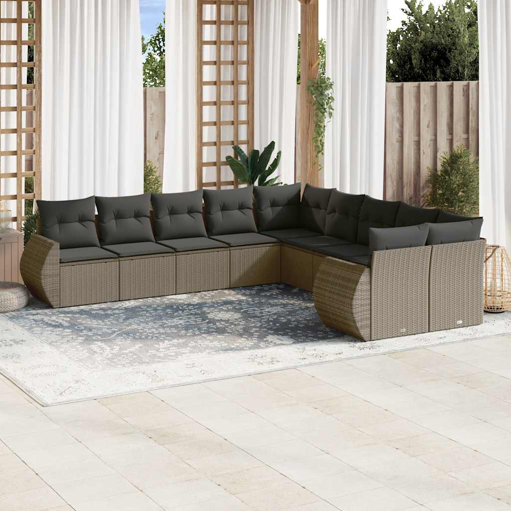 10-tlg. Garten-Sofagarnitur mit Kissen Hellgrau Poly Rattan