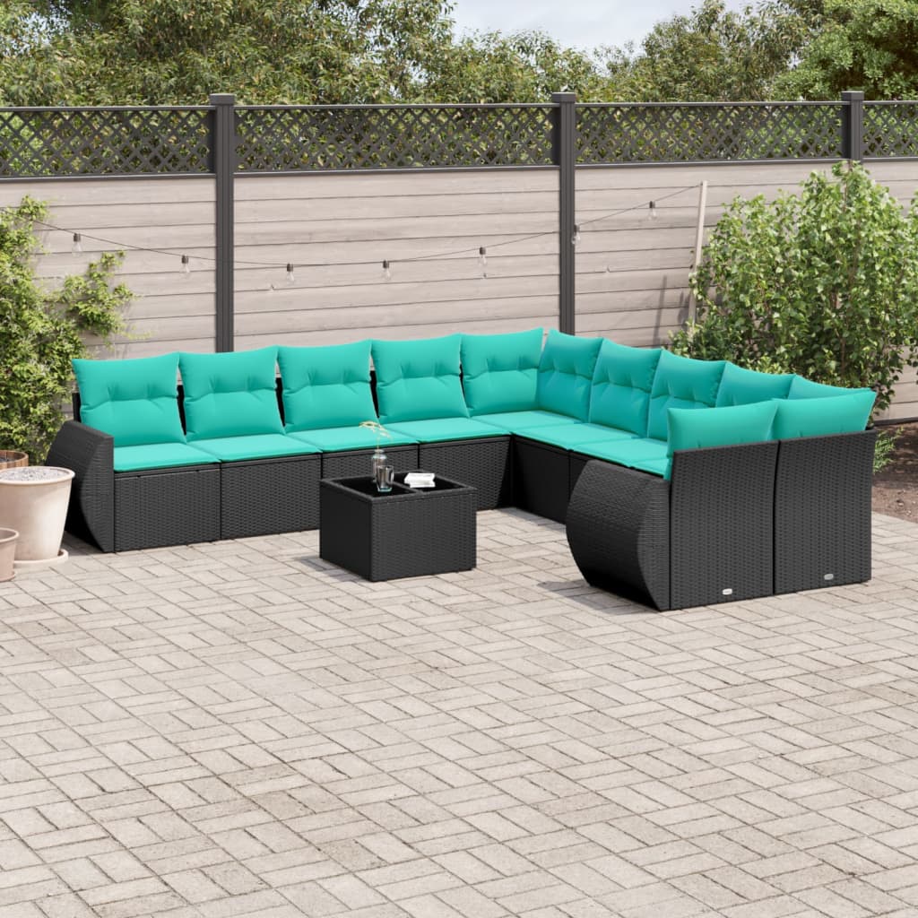 11-teiliges Gartensofa-Set mit Kissen, schwarzes Polyrattan