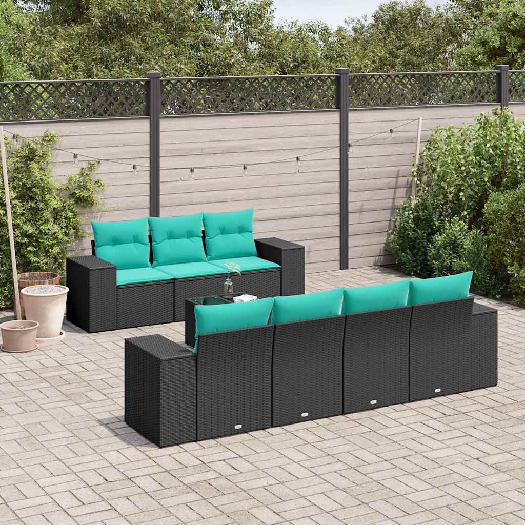 8-teiliges Gartensofa-Set mit Kissen, schwarzes Polyrattan