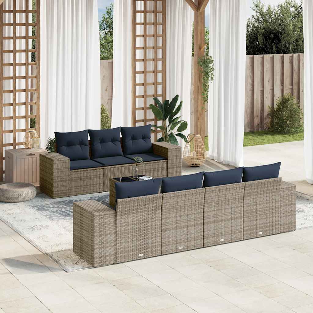 8-teiliges Gartensofa-Set mit Kissen, grau, Polyrattan