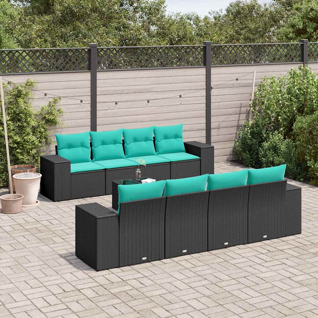 9-teiliges Gartensofa-Set mit Kissen, schwarzes Polyrattan