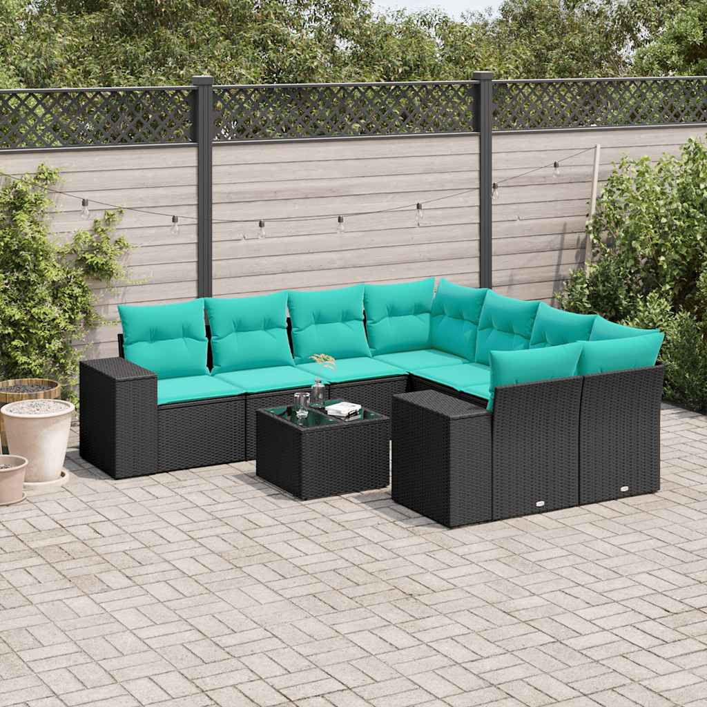 9-teiliges Gartensofa-Set mit Kissen, schwarzes Polyrattan