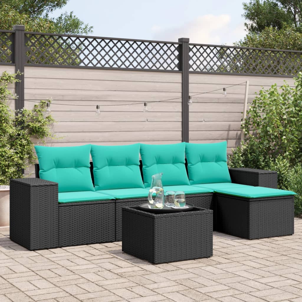 6-teiliges Gartensofa-Set mit Kissen, schwarzes Polyrattan