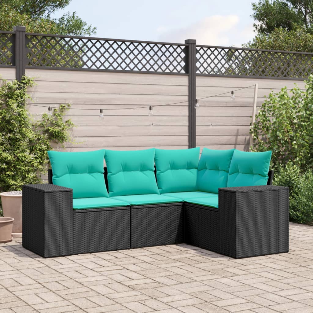4-teiliges Gartensofa-Set mit Kissen, schwarzes Polyrattan