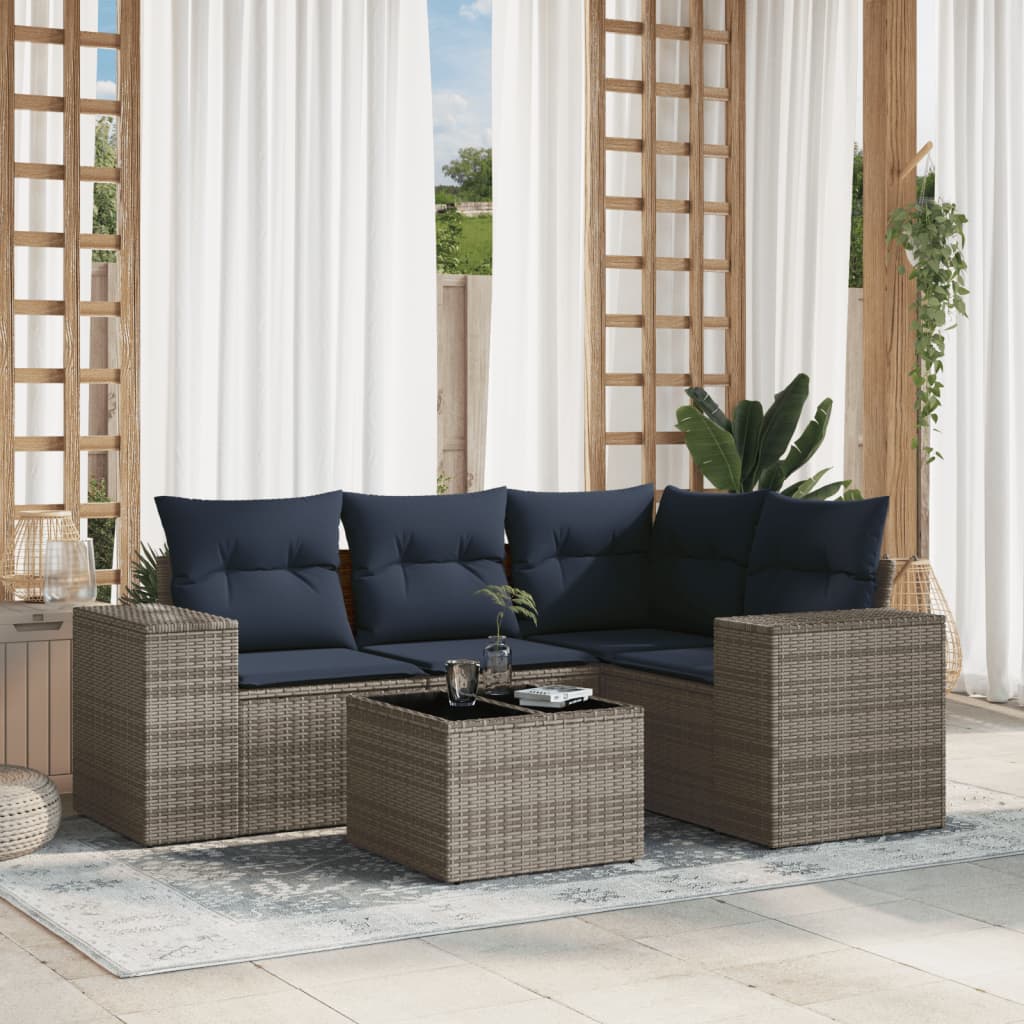 5-teiliges Gartensofa-Set mit Kissen, grau, Polyrattan
