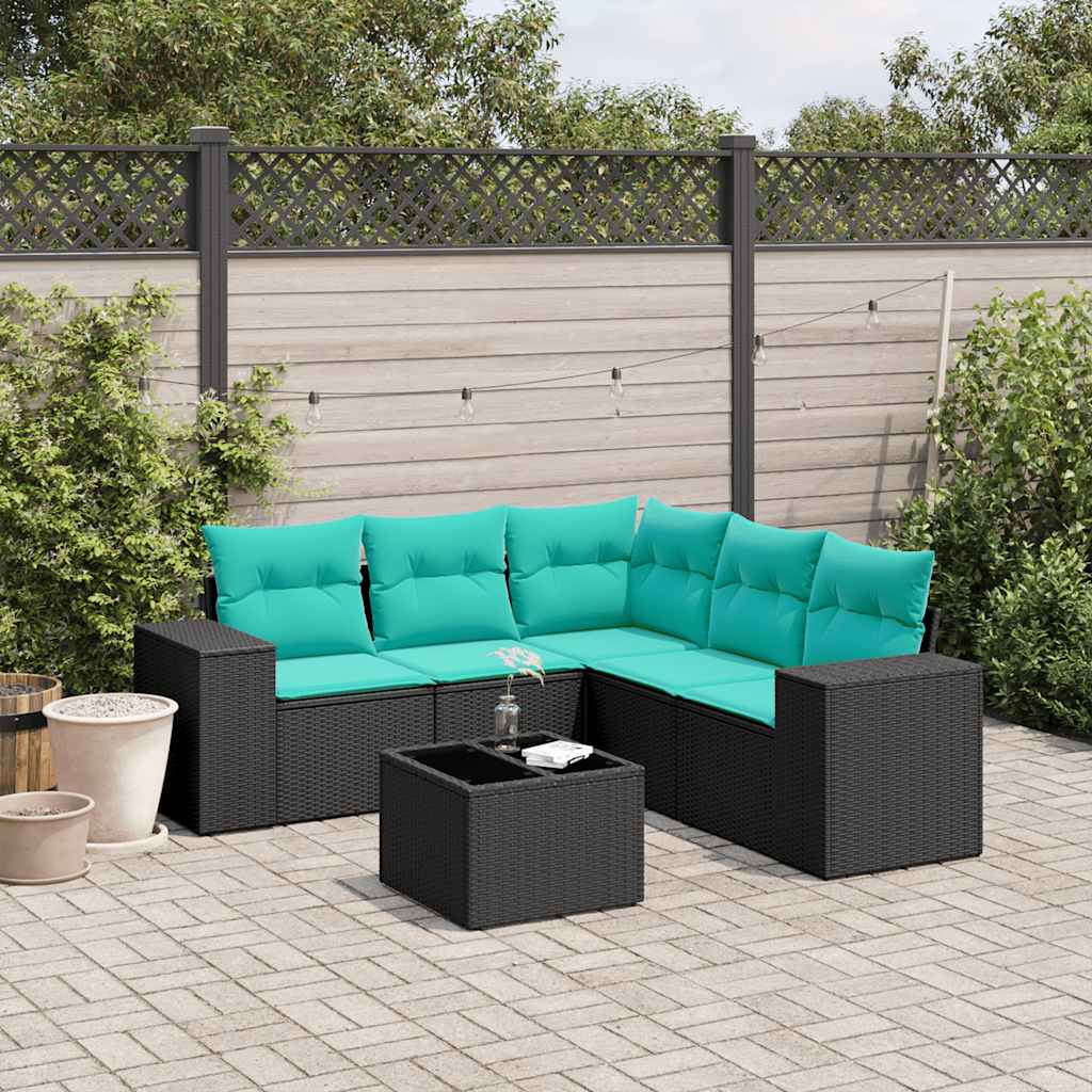 6-teiliges Gartensofa-Set mit Kissen, schwarzes Polyrattan