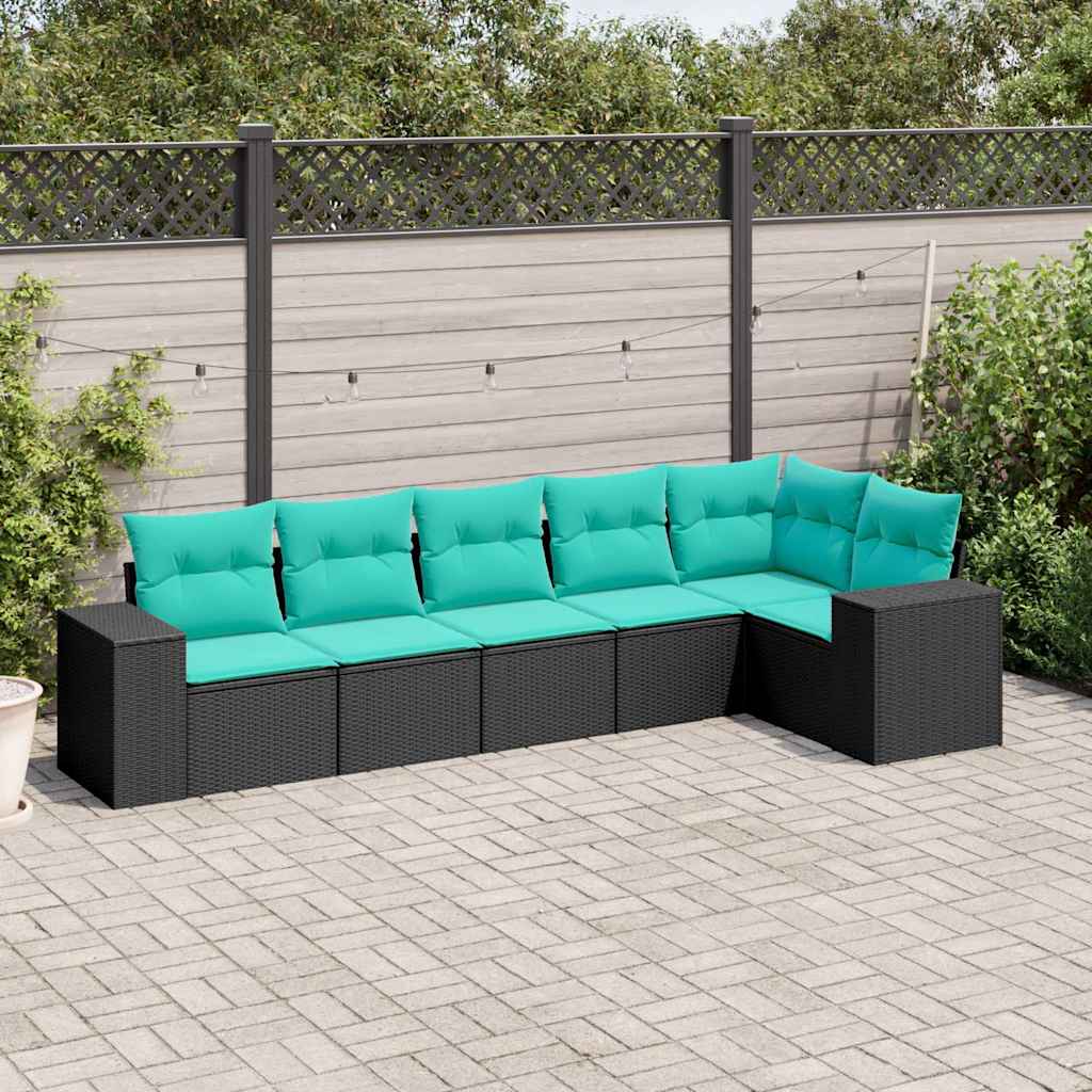 6-teiliges Gartensofa-Set mit Kissen, schwarzes Polyrattan