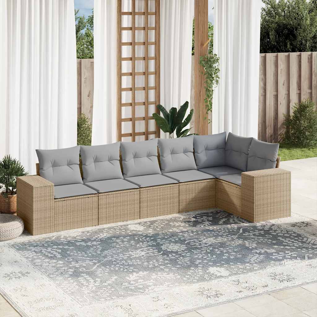 6-tlg. Garten-Sofagarnitur mit Kissen Beige Poly Rattan